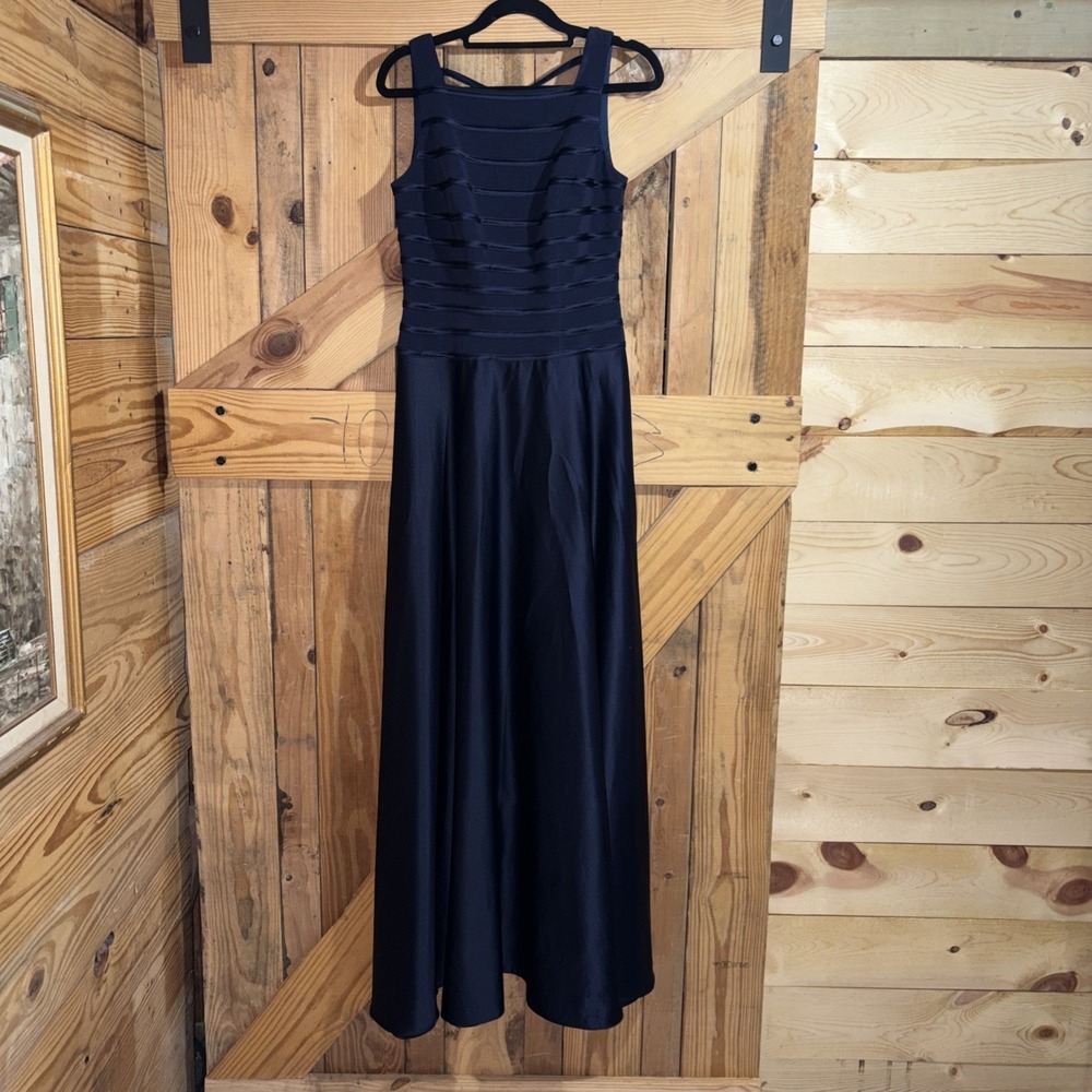 JS COLLECTIONS Satin & Ribbon zip-up Stripe Navy Blue Dress Womens Size 4